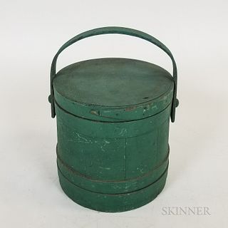 Green-painted Stave-constructed Handled Bucket, 19th century, ht. 10 in.