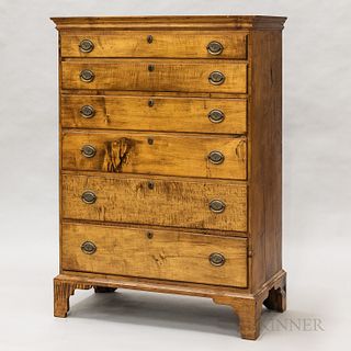 Maple and Tiger Maple Tall Chest of Drawers, probably Southeastern New England, late 18th century, with dovetailed top and bracket base