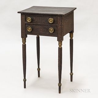 Black-painted Two-Drawer Stand, New England, early 19th century, with turned tapering legs and straight skirt, heavily alligatored surf