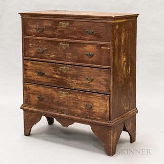 Early Red-painted Two-drawer Blanket Chest, New England, 18th century, with double bead, cutout base with applied molding, ht. 46, wd.
