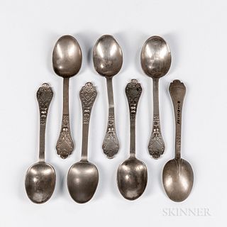 Seven Heart and Goblet Molded Trifid-end Pewter Spoons, 18th/early 19th century, with elongated bowls, one with owner's initials "LF,"