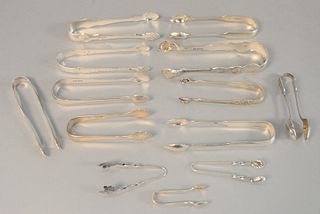 Large group of silver tongs, American and English, one marked for Peter and Ann Bateman, 15.4 t.oz.