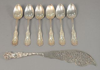 Six Tiffany & Co. tablespoons, along with large reticulated fish slicer, 13.7 t.oz.