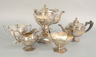 J.C. Caldwell five piece sterling silver tea with tilting hot water pot, 113 t.oz., 9" high. Provenance: The Vincent Family Collection, Fairfield, Con