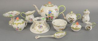 Group of eleven Herend Queen Victoria Green tableware, to include a teapot, cream, small covered vessel, covered sugar bowl, and several other pieces,