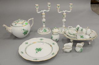 Group of twenty-three Herend Chinese Bouquet Green porcelain tableware, to include six large scallop edge plates, a footed serving tray, two candelabr
