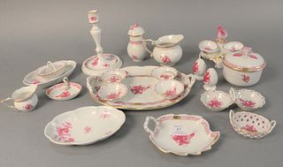 Group of nineteen Herend Chinese Bouquet Raspberry tableware, to include bird two part dish, candle sticks, tray, salt and peppers, etc, 8" high (cand