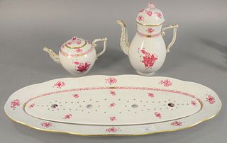 Group of three Herend Chinese Bouquet Raspberry tableware, including a large serving platter, one demi pot, and one teapot, 10-1/2" high (coffee pot).