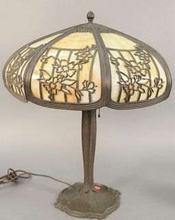 Bradley and Hubbard Victorian panel shade lamps each having an eight paneled dome glass shade with brass floral details, ht. 24", dia. 20".