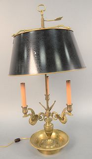 French empire style three-light adjustable shade bouillotte lamp, three swan form candle arms and urn shaft, electrified, ht. 31".