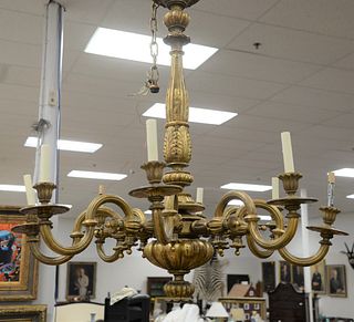 Italian giltwood eight-light chandelier with fluted arms, gadrooned stem and scroll arms, fitted for electricity, 20th C., arms repaired, ht. 45", wd.