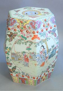 Chinese Famille Rose garden seat, painted scenes with figures amongst butterflies and flowers, ht. 19".