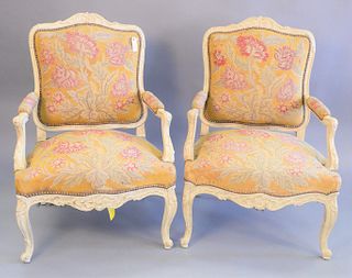 Pair of Louis XV style fauteuil, needlepoint upholstery, ht. 38 1/4", wd. 26 1/2 ".