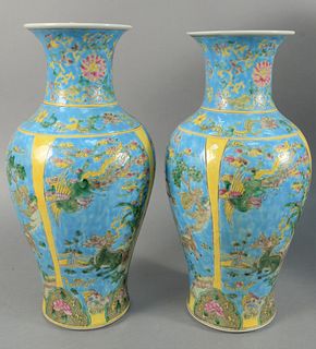 Pair of Chinese porcelain vases with blue background and dragons, ht. 17-1/2".