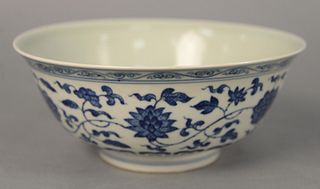 Chinese porcelain blue and white bowl, bell form with flower and vine design, six character mark on the underside, dia. 8".