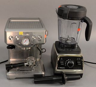 Grouping of Vitamix Professional series 750 Heritage Blender with stainless steel finishes and a Breville Infuser espresso maker with stainless steel 
