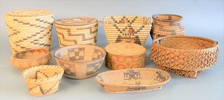 Grouping of ten coil woven Native American baskets, sizes vary, 8" high (tallest). Provenance: From the Marjorie & Howard Drubner Collection, Middlebu