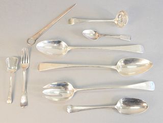 Nine piece silver lot of early English or Irish stuffing spoons, fork, skewer and ladle, 15 t.oz.