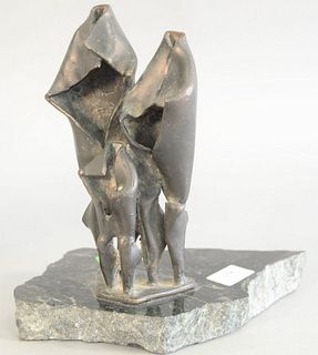 Mid-century Bronze sculpture with three figures, folded bronze sheets on granite base, unsigned, 11" x 11-3/4" x 6".