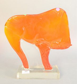 Murano art glass sculpture of a horse in orange and clear glass. 14 1/2" x 13 1/2" x 3 3/4".