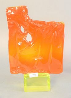 Art glass sculpture with orange glass on lime green base, in the manner of Alfredo Barbini,ht. 14 1/2".