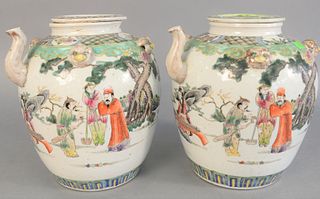 Pair of Chinese Famille verte teapots, with jug form with covers and spout, having painted landscape scene with figures, ht. 12", dia. 10 1/2".