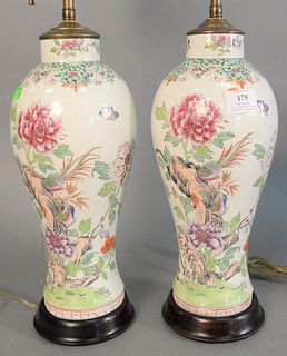 Pair of Chinese Famille Rose style porcelain vases, Mei Ping form, painted with wild flowers, birds, and butterflies, made into table lamps, not drill