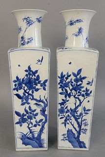 Pair of blue and white vases, square form with painted trees and birds, ht. 20".