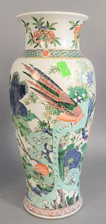 Chinese Famille Verte porcelain vase, Baluster form having painted birds and flowers, six character mark on bottom, ht. 19 3/8".