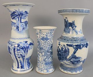 Three Chinese blue and white porcelain vases to include Gu vase with flared rim; Gu sleeve-form vase along with one painted with landscape, ht. 18" (t