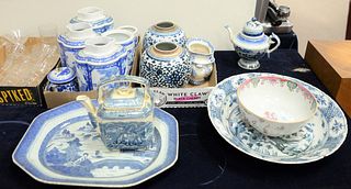 Group of blue and white Chinese porcelain to include a charger, five ginger jars, canton platter, Chinese Export bowl along with a blue and white teap