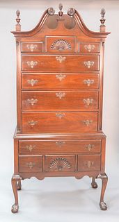 Beacon Hill Chippendale-style mahogany highboy having bonnet top and fan carved drawers, ht. 77", wd. 55 1/2", dp. 21".