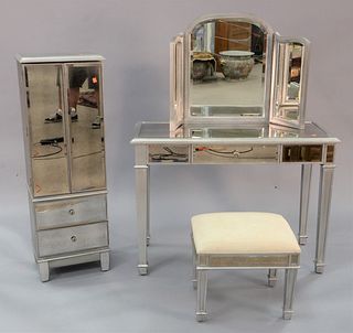 Four piece contemporary furniture group, mirrored vanity with mirror and stool, mirrored 2 door jewelry cabinet and a painted cabinet having three dra