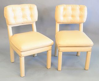 Set of six contemporary tan leather dining chairs, two arm and four side, ht. 36", wd. 21", dp. 21".