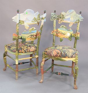 Two Mackenzie Childs "Forest Fish" chairs, hand painted maple frame, images of Cayuga Lake, New York, each marked to the underside, ht. 42" each.