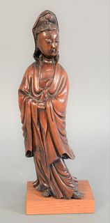 Chinese carved wood figure of a Guanyin, intricately carved, standing and wearing a robe, ht. 13 3/4".