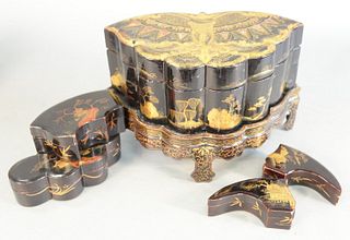 Large Japanese lacquered box, in the form of a butterfly, black with painted gold scenes, butterfly painted top with mother of pearl mounts, opening t