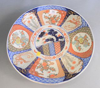 Imari porcelain charger having central roundel depicting the "Three Friends of Winter," and surrounding cartouches with flowers and phoenix birds, dia