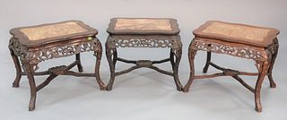 Three Chinese low tables, carved apron with marble insert tops, ht. 19", top 21 1/2" x 16 1/2".