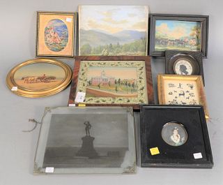 Nine piece lot to include four paintings, miniature; reverse painting; needlepoint; along with miniature silhouettes, 7-1/2" x 9-1/2" (largest). Prove
