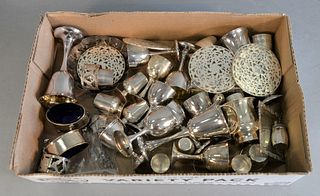 Sterling silver lot of shot cups, stems along with two salts plus five overlay coasters, 38.5 t.oz.
