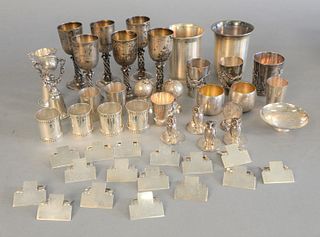 Sterling silver lot with place card holders, four with owls, one with glass eyes missing, two tiffany shot glasses, stem cups, Japanese silver cups, e