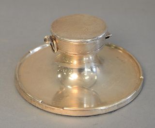 Sterling silver inkwell, cobalt insert opening to reveal clock, ht. 3 1/2", dia. 6".