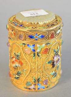 Chinese silver filigree covered box, mounted stones and enamel, top is mounted with pierced harstone, ht. 4 1/4", dia. 3 1/4", 12.7 t.oz.