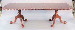 Mahogany chippendale style double pedestal dining table, rope-edge banded inlaid with two custom leaves, 30" x 97" x 45".