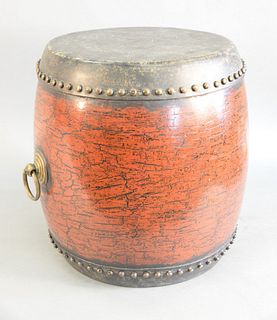 Barrel form drum, red painted body, ring handles to either side, ht. 18 1/2" x dia. 17".