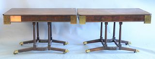 Two part mahogany table, one large board top, brass cap corners over spindle, pedestal on carved legs and brass paw feet along with Federal tub chair,