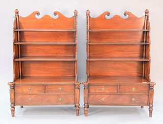Pair of mahogany Yorkshire House Georgian-style etageres having four shelves over three drawers, ht. 64", wd. 43 1/2", dp. 18 1/2".