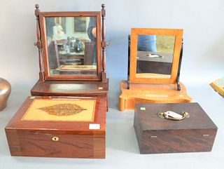 Four piece group to include inlaid humidor, lift top mahogany box, and two dresser mirrors with one drawer, ht. 5-1/2", wd. 15", 10-1/2" (humidor).