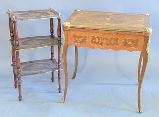 Two French style tables, to reveal Louis XV style gaming table opening to reveal a leather top and backgammon board in drawer, along with a three-tier